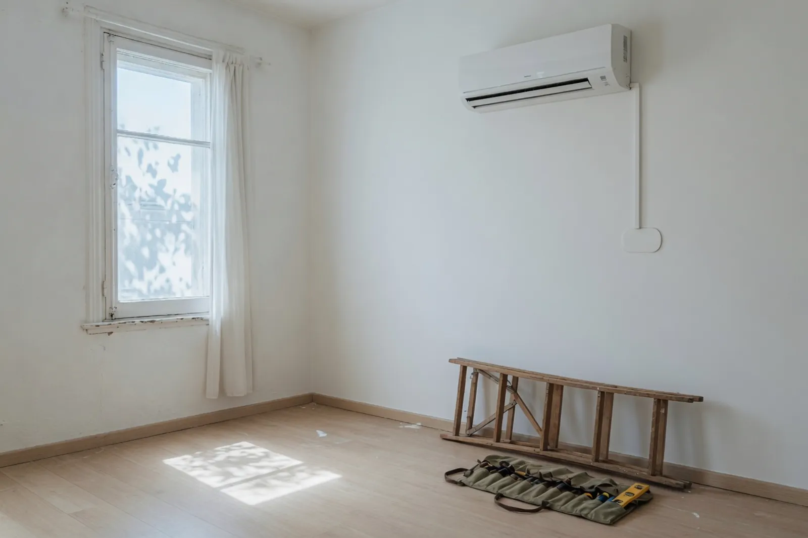Aire acondicionado split en una habitación luminosa.
